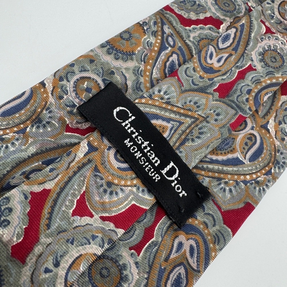 VTG Christian Dior Monsieur Paisley Silk Tie Red Gold Classic Made in USA Italy - Picture 2 of 8